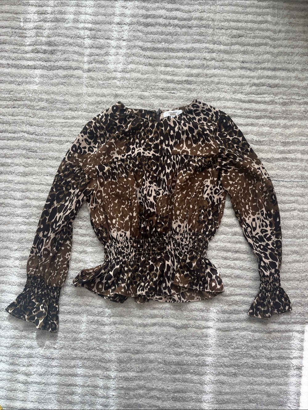 Leopard Print Long Sleeve Smocked Waist Women's Top